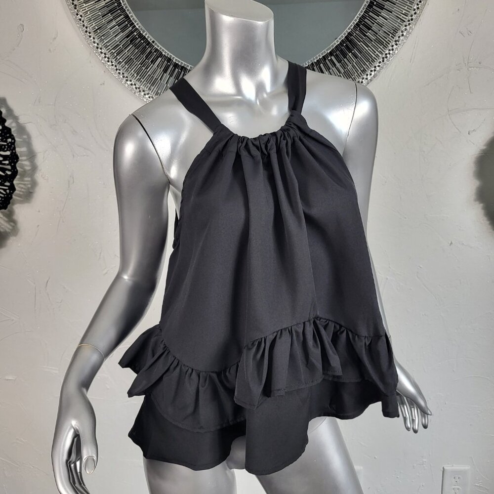 NWOT~BEAUTIFUL~S/M~BLACK RUFFLE TANK TOP HALTER PEASANT SLEEVELESS BOHO HIPPIE